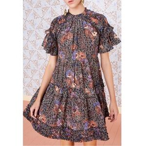 ULLA JOHNSON Midi Ruffle Floral Delia Dress size 4/6 flowy black purple flutter